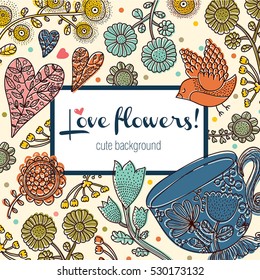 Ornate floral postcard. Birds and tea. Vector.