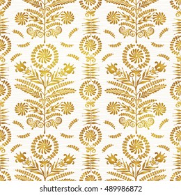Ornate floral seamless background. Vector pattern in ethnic style. Ornamental backdrop. Golden lace background. Ornate floral decor for wallpaper. Endless texture.