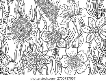 Padrão floral ornato sem emenda. Colorindo o design da página. Elegante desenho à mão motivo botânico com layout repetido para têxtil, papel de parede, flores clássicas e folhagem criar um fundo