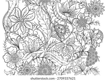 Ornate floral seamless pattern. Coloring page design. Elegant hand-drawn botanical motif with repeating layout for textile, wallpaper, classic flowers and foliage create a background