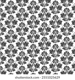 Ornate Floral Seamless Pattern Design in Black and White, 
