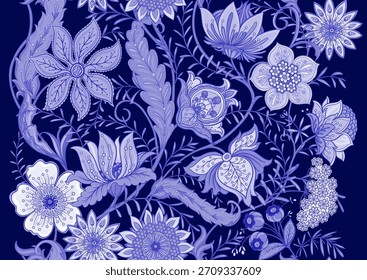 Ornate floral seamless pattern. Elegant hand-drawn botanical motif with intricate repeating layout for textile and wallpaper. Classic flowers and foliage create a refined vintage background.