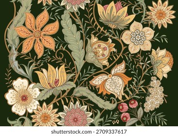 Ornate floral seamless pattern. Elegant hand-drawn botanical motif with intricate repeating layout for textile and wallpaper. Classic flowers and foliage create a refined vintage background.