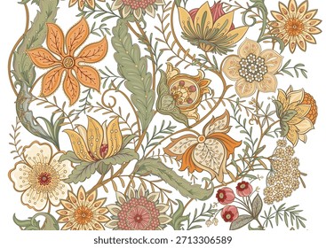 Padrão floral ornato sem emenda. Elegante desenho à mão motivo botânico com layout repetitivo intrincado para têxtil e papel de parede. Flores e folhagem clássicas criam um fundo vintage refinado.