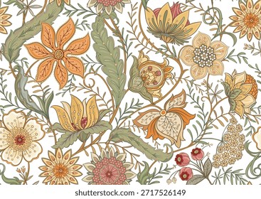 Ornate floral seamless pattern. Elegant hand-drawn botanical motif with intricate repeating layout for textile and wallpaper. Classic flowers and foliage create a refined vintage background.