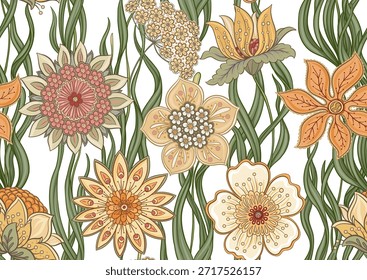 Ornate floral seamless pattern. Elegant hand-drawn botanical motif with intricate repeating layout for textile and wallpaper. Classic flowers and foliage create a refined vintage background.