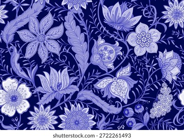 Patrón floral adornado sin fisuras. Elegante motivo botánico dibujado a mano con intrincado diseño repetitivo para textiles y Fondo de pantalla. Las flores y el follaje clásicos crean un fondo vintage refinado.