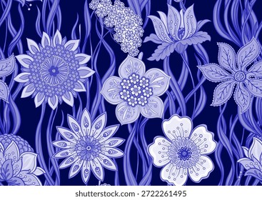 Patrón floral adornado sin fisuras. Elegante motivo botánico dibujado a mano con intrincado diseño repetitivo para textiles y Fondo de pantalla. Las flores y el follaje clásicos crean un fondo vintage refinado.
