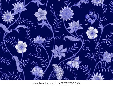 Patrón floral adornado sin fisuras. Elegante motivo botánico dibujado a mano con intrincado diseño repetitivo para textiles y Fondo de pantalla. Las flores y el follaje clásicos crean un fondo vintage refinado.