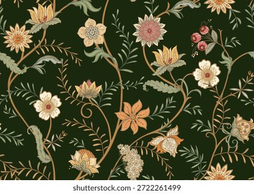 Patrón floral adornado sin fisuras. Elegante motivo botánico dibujado a mano con intrincado diseño repetitivo para textiles y Fondo de pantalla. Las flores y el follaje clásicos crean un fondo vintage refinado.