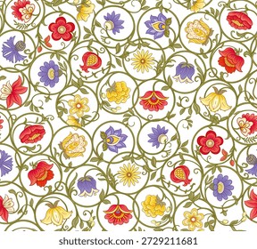 Ornate floral seamless pattern. Elegant hand-drawn botanical motif with intricate repeating layout for textile, wallpaper and decor, classic flowers and foliage create a refined vintage background.