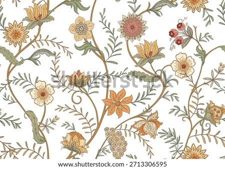 Ornate floral seamless pattern. Elegant hand-drawn botanical motif with intricate repeating layout for textile and wallpaper. Classic flowers and foliage create a refined vintage background.