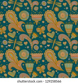 Ornate floral seamless pattern with hearts, dragonflies and butterflies. Endless fantasy cute texture with flowers and spiral elements. Template for design textile and wrappers