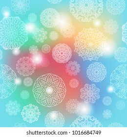 Ornate floral seamless texture, endless pattern with glowing bright mandala elements.