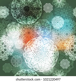 Ornate floral seamless texture, endless pattern with glowing bright mandala elements.