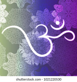 Ornate floral seamless texture, endless pattern with glowing bright mandala elements and ohm symbol.