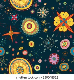 Ornate floral seamless texture, endless pattern with flowers looks like retro snowflakes or snowfall.