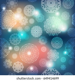 Ornate floral seamless texture, endless pattern with glowing bright mandala elements.