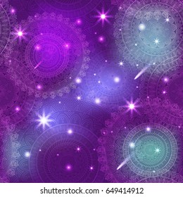 Ornate floral seamless texture, endless pattern with glowing bright mandala elements.