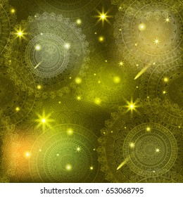 Ornate floral seamless texture, endless pattern with glowing bright mandala elements.
