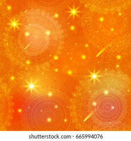 Ornate floral seamless texture, endless pattern with glowing bright mandala elements.