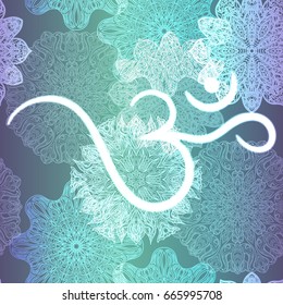 Ornate floral seamless texture, endless pattern with glowing bright mandala elements and ohm symbol.