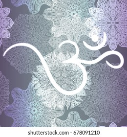 Ornate floral seamless texture, endless pattern with glowing bright mandala elements and ohm symbol.