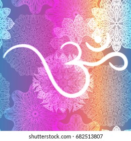 Ornate floral seamless texture, endless pattern with glowing bright mandala elements and ohm symbol.