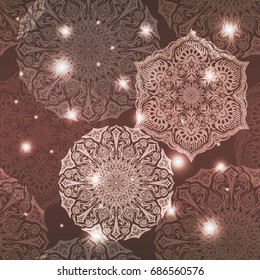 Ornate floral seamless texture, endless pattern with glowing bright mandala elements.