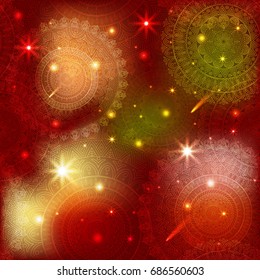 Ornate floral seamless texture, endless pattern with glowing bright mandala elements.