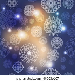 Ornate floral seamless texture, endless pattern with glowing bright mandala elements.