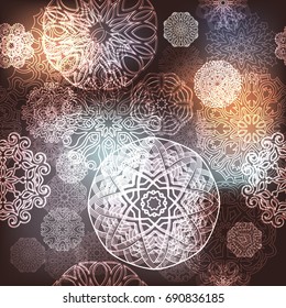 Ornate floral seamless texture, endless pattern with glowing bright mandala elements.