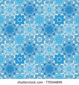Ornate floral seamless texture, endless pattern with vintage mandala elements. Blue. Islam, Arabic, Indian, ottoman motifs.