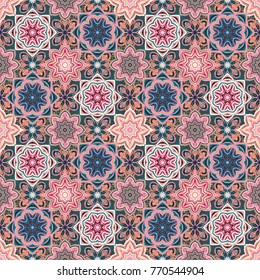 Ornate floral seamless texture, endless pattern with vintage mandala elements. Pastel pink blue. Islam, Arabic, Indian, ottoman motifs.