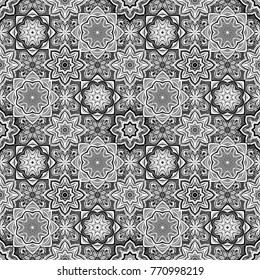 Ornate floral seamless texture, endless pattern with vintage mandala elements. One color print. Black and white. Islam, Arabic, Indian, ottoman motifs.