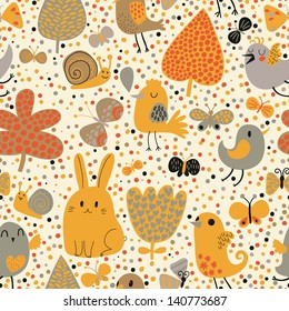 Ornate floral seamless texture, pattern with flowers, birds, rabbit, snail and butterflies. Seamless pattern can be used for wallpaper, pattern fills, web page background, surface textures.