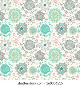 Ornate floral seamless texture. Unusual hand-drawn snowflakes. Romantically winter background. Seamless pattern can be used for wallpapers, pattern fills, web page backgrounds,surface textures.