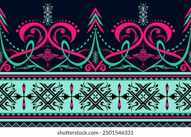 Ornate Floral Symphony A vibrant and seamless floral pattern featuring elegant swirls and intricate designs in pink, teal, and green on a dark background, perfect for fabric and textile applications.