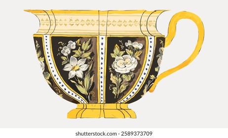 Ornate floral teacup with intricate floral designs. The teacup features a yellow handle and floral patterns. Elegant floral teacup with vintage charm. Vintage illustration isolated on white, vector.