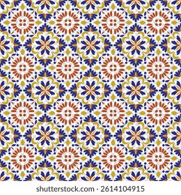Ornate floral tile pattern in blue, orange, and gold.