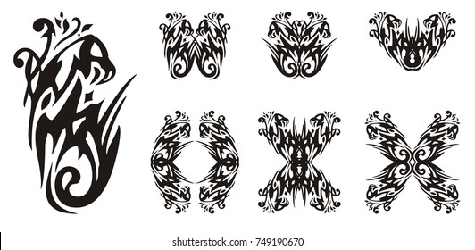 Ornate floral unusual eagle symbols. The head of an eagle stylized in the form of a flower element, the double symbols and butterflies formed from it