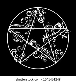 Ornate floral vines pentagram, magic occult star symbol. Vector illustration in white isolated over black.