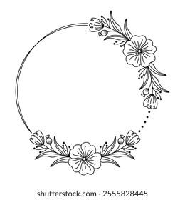 Ornate Floral Wreath Design with Circular Black and White Intricate Flowers, Buds, and Flowing Leaves