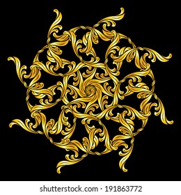 Ornate florid pattern in gold shades. Illustration on black background