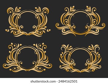 Ornato flourish marcos de círculo monograma dorado. Conjunto de borde retro aislado en Ilustración vectorial de fondo negro