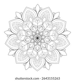 Ornate Flower Mandala Coloring Page Vector with Dotted Patterns and Swirl Details for Adult Meditation Art Therapy