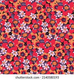 Ornate flower pattern, seamless botanical background with rich summer meadow. Retro floral cover design with hand drawn flowers, leaves on a dark field. Vector illustration.