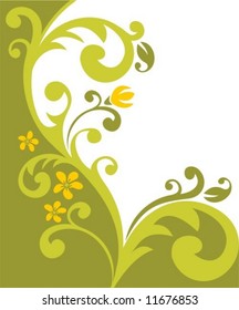 Ornate flowers abstract pattern with green curls on a white background.