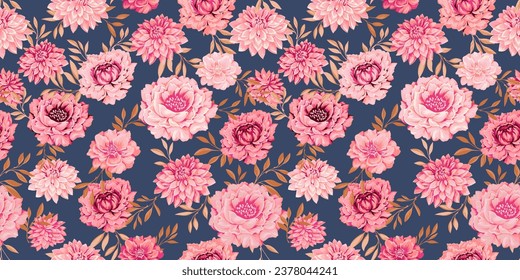 Ornate flowers, peonies, dahlias and leaves seamless pattern. Artistic red, pink, ruddy floral print. Vector hand drawn on turquoise background.  Template for design, textile, fashion, paper, fabric