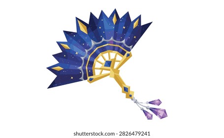 Ornate folding fan decorated with celestial stars and night sky patterns with purple crystal pendants.